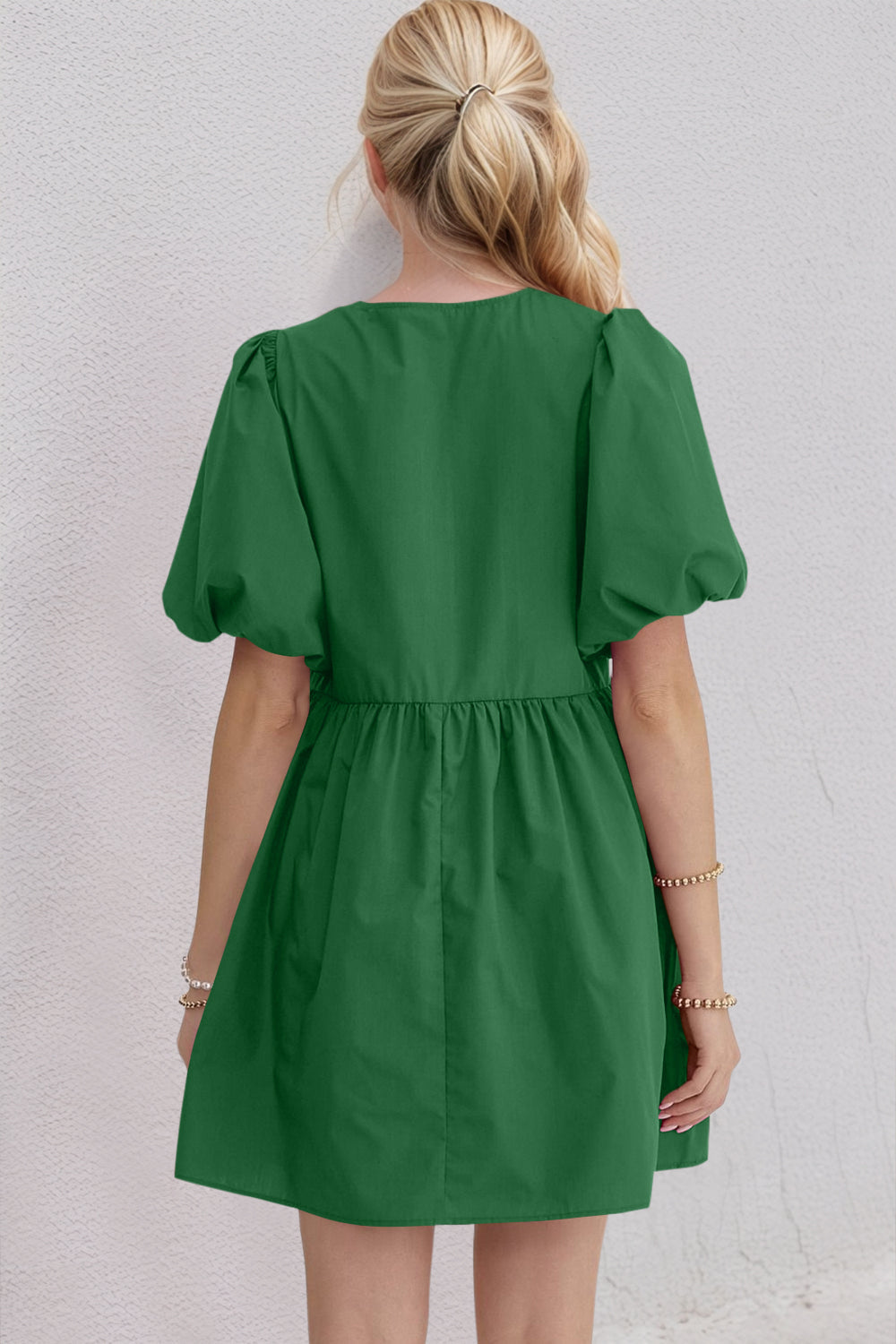 Ruched Puff Sleeve Mini Dress with Bow Detail