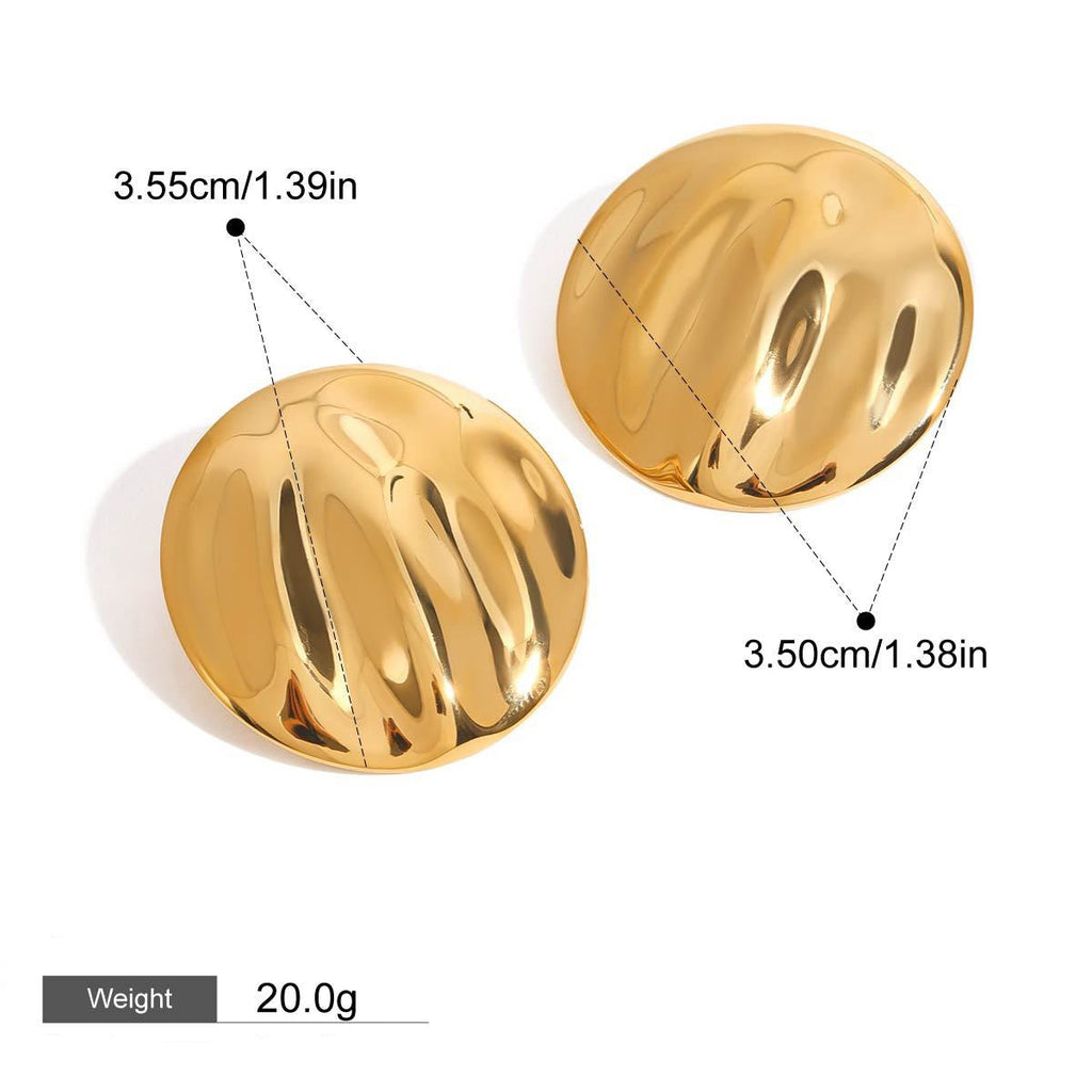 18K gold round earrings with textured design, simple and elegant