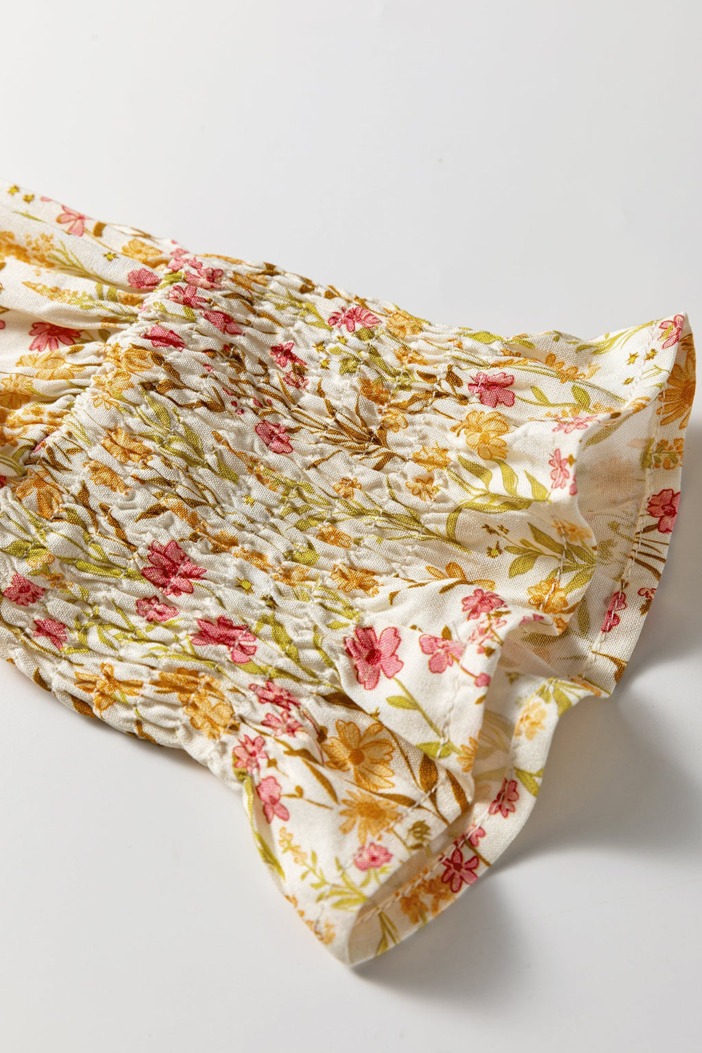 Yellow Floral Print Frilly Trim Smocked Cuff Long Sleeve Shirt Dress