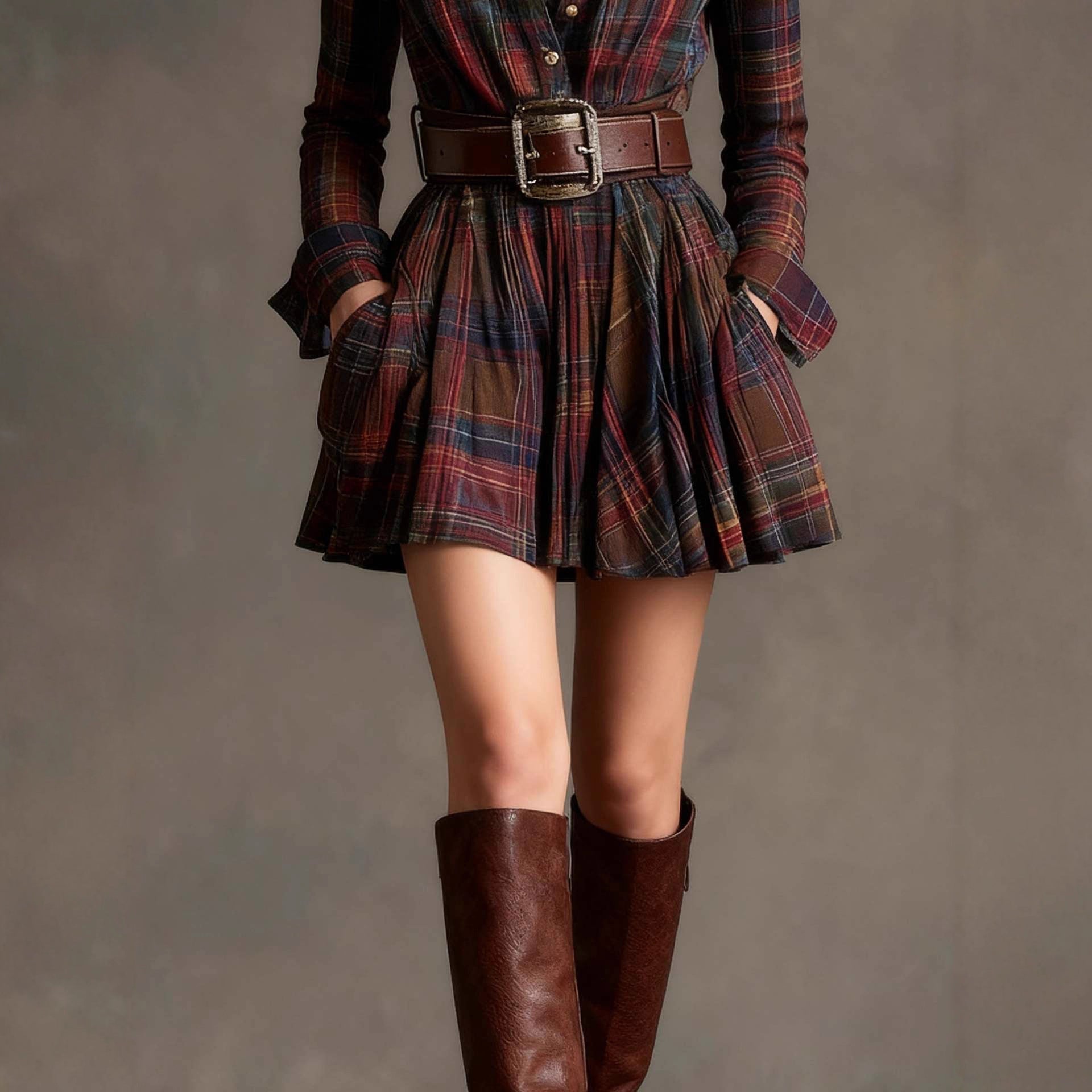 Women's Plaid Long Sleeve Mini Shirt Dress with Waist Belt