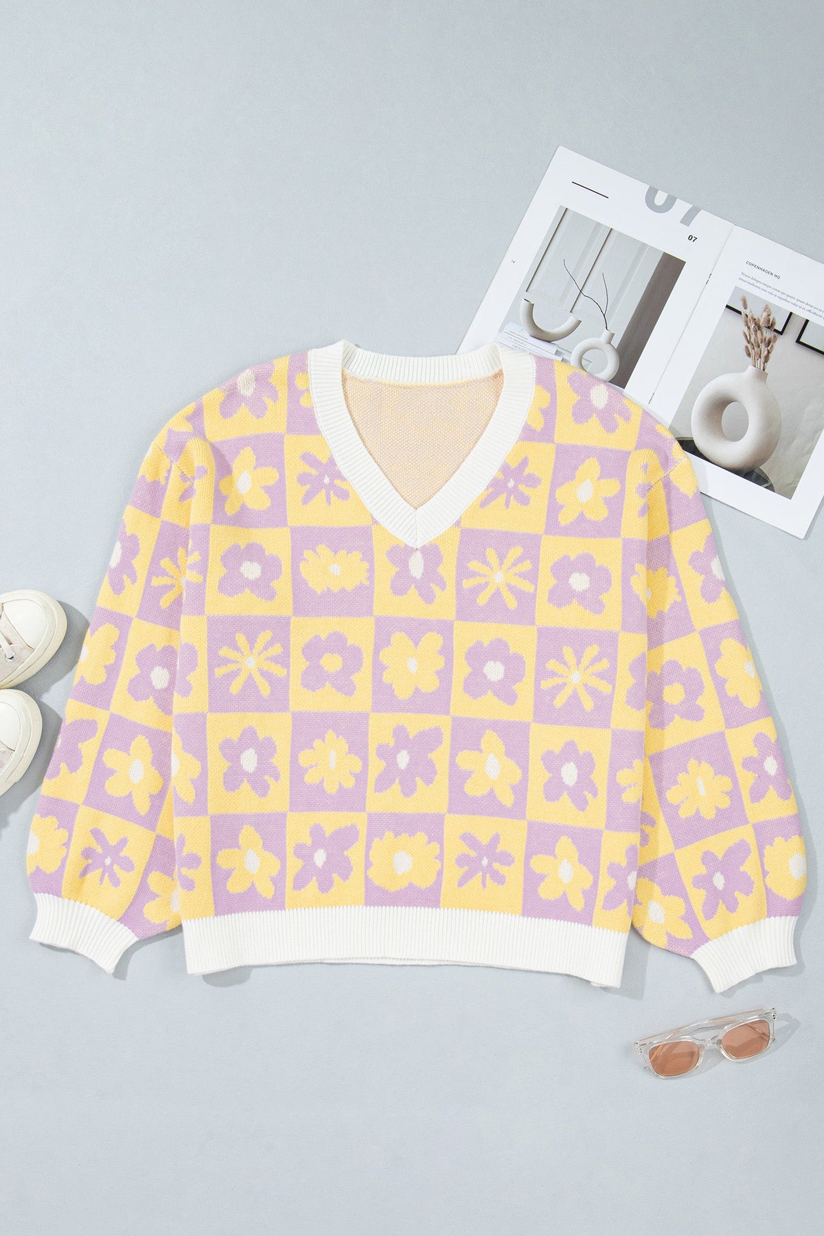 Plus Size Floral Checker V-Neck Long Sleeve Sweater