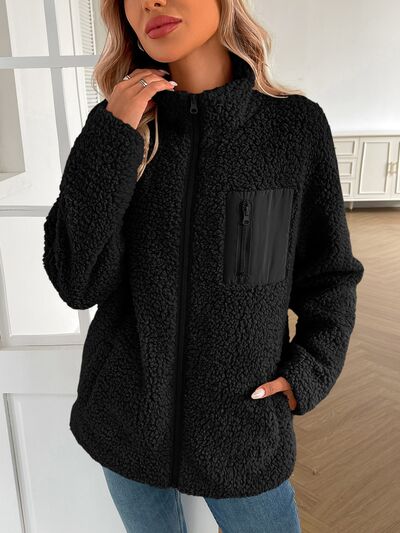 Fuzzy Zip-Up Long Sleeve Jacket Soft Plush Winter Outerwear