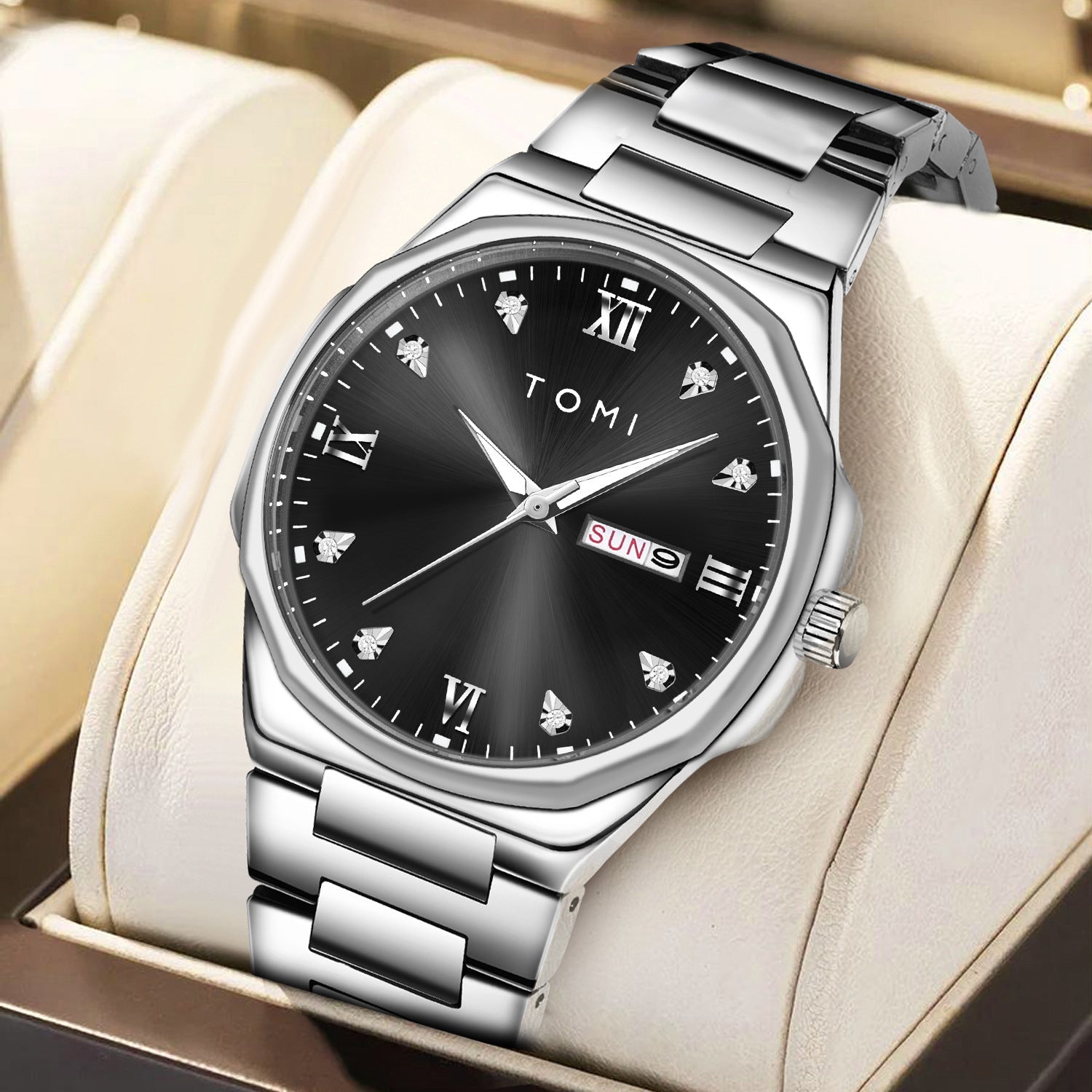 Simple Diamond Encrusted Quartz Watch with Stainless Steel Strap