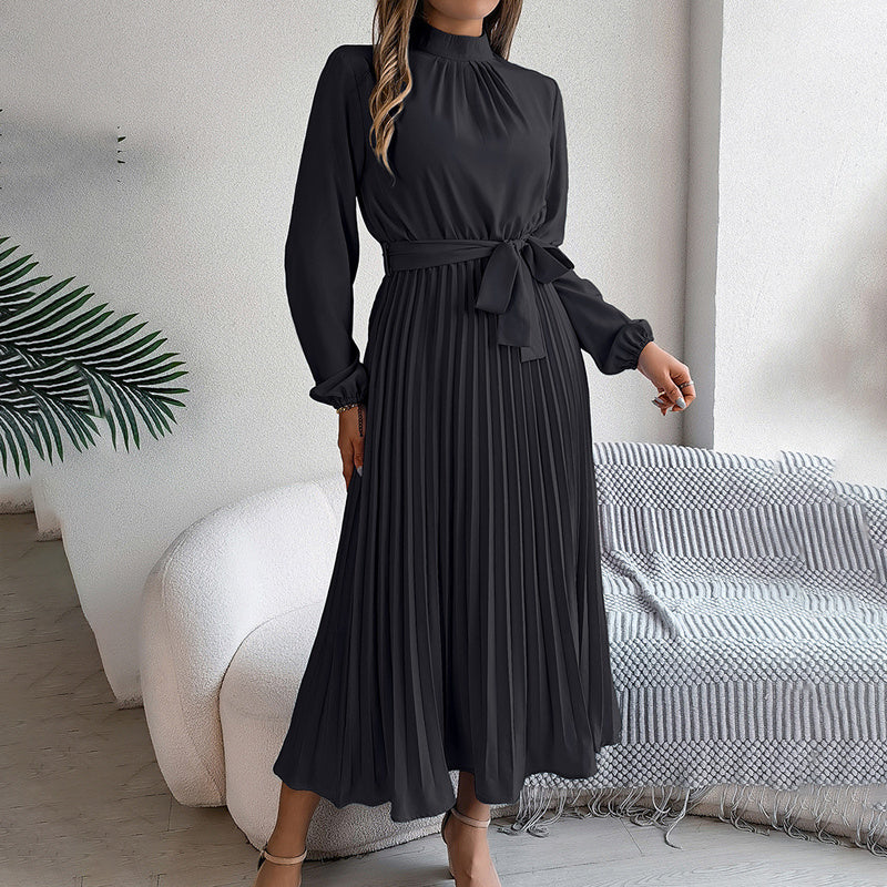 High Neck Pleated Long Sleeve Maxi Dress in Light Blue & Maroon