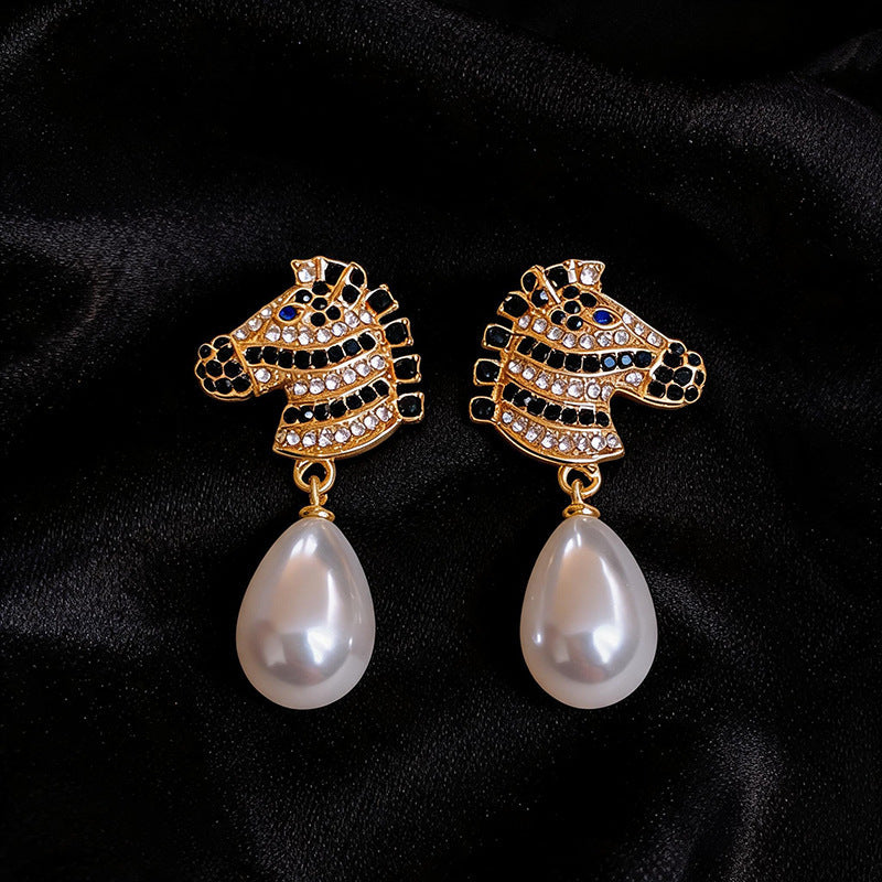 Womens Zebra Shaped Rhinestone And Pearl Inlaid Pendant Stud Earrings,Costume Earrings For Daily Party Wear