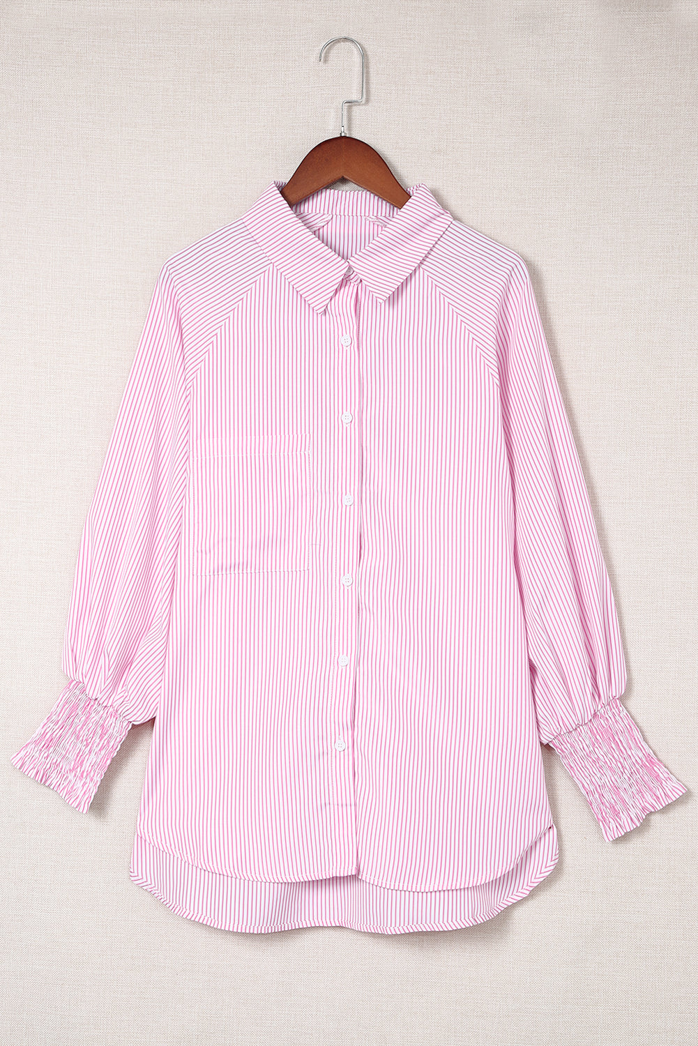 Stripe Smocked Long Sleeve Button-Up Shirt