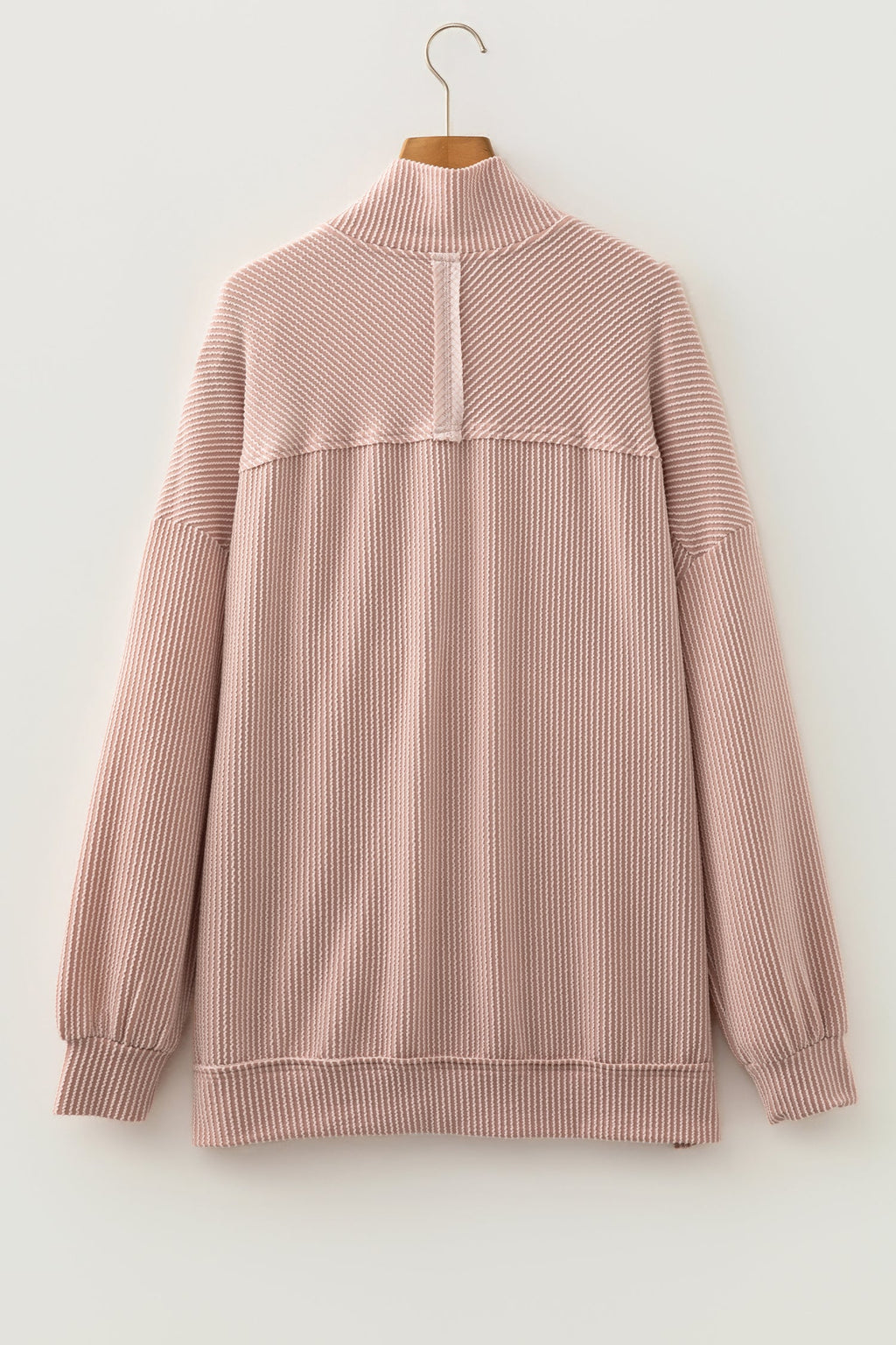 Corded Knit Zipper Collar Drop Shoulder Long Sleeve Top