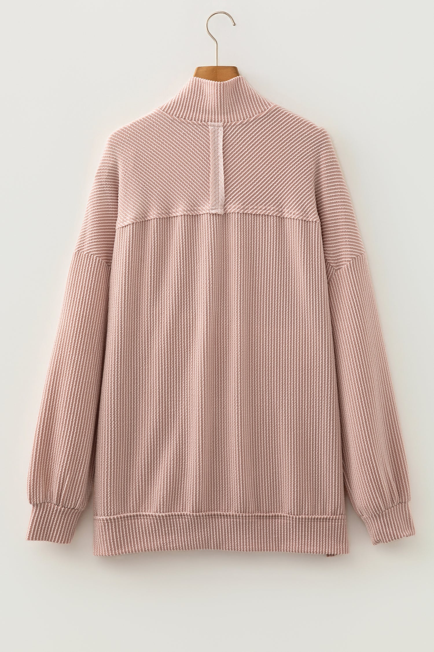 Corded Knit Zipper Collar Drop Shoulder Long Sleeve Top