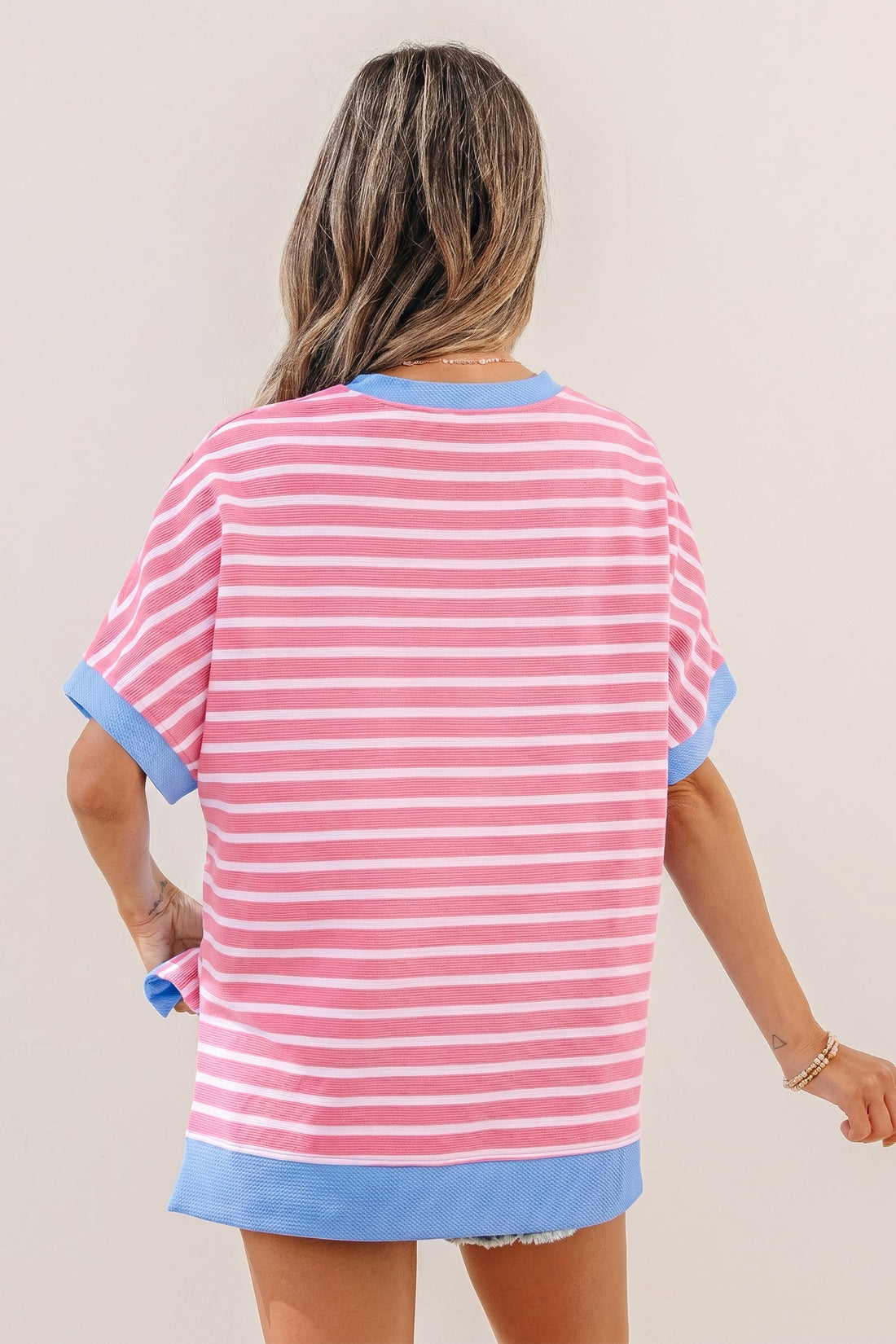 Kelly Striped Short Sleeve Knit Top with Color Block