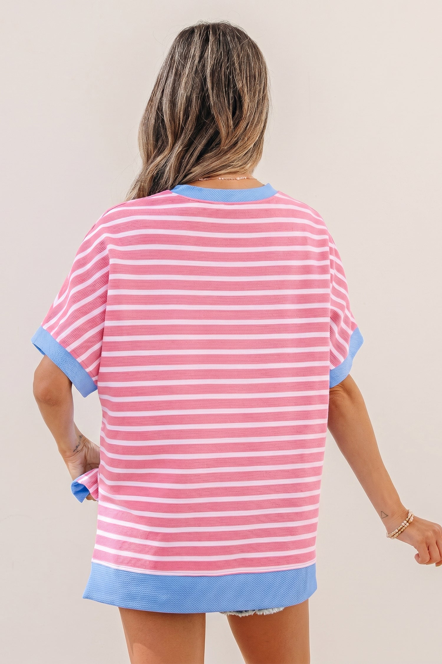 Kelly Striped Short Sleeve Knit Top with Color Block