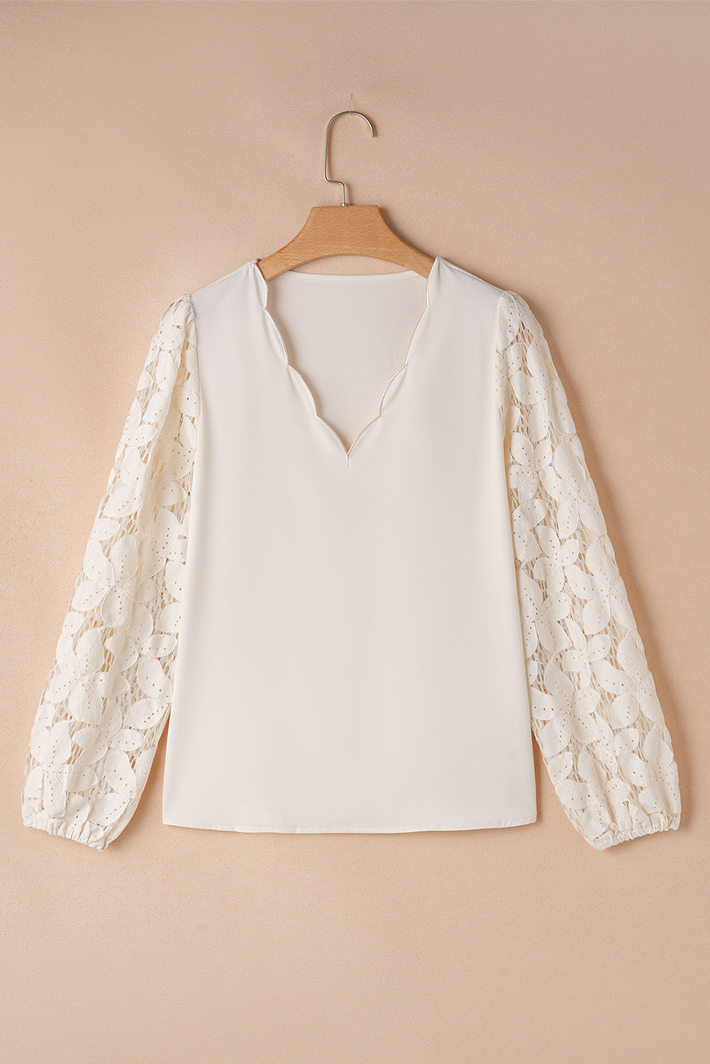 White Scalloped Lace V-Neck Lantern Sleeve Blouse