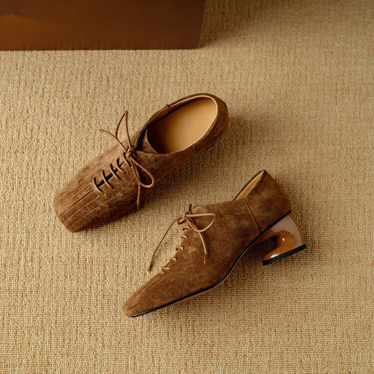 Women's Brown Suede Square Toe Lace-Up Mid Chunky Heel Pumps - Image 7