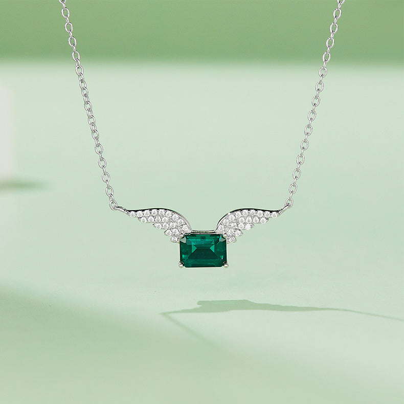 S925 Silver 3g Platinum Plated 0.9ct Lab-Created Emerald Necklace, 7x5mm Angel Wings Pendant, 40&5cm