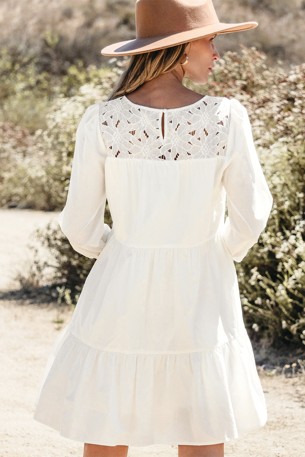 Whitley Floral Lace Patchwork Tiered Mini Dress in White - Image 2