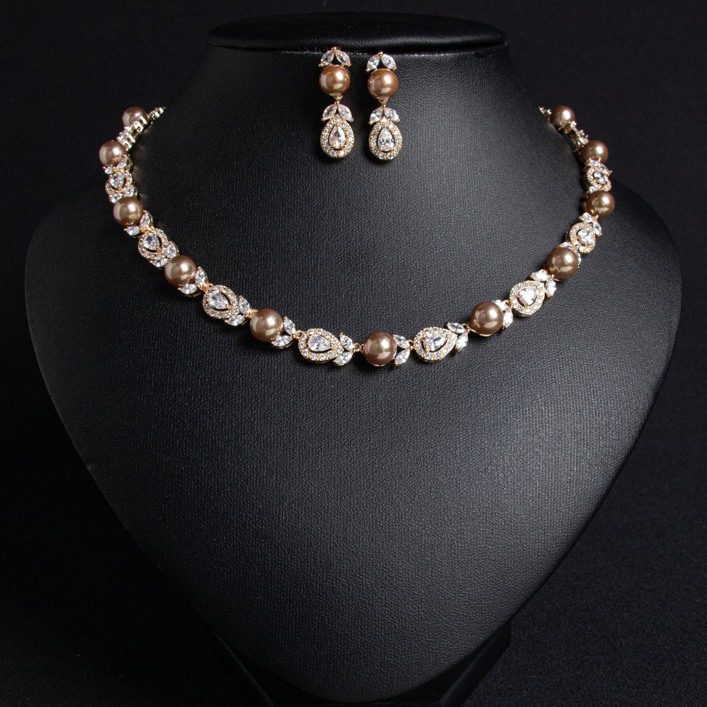 Korean Wedding Luxury Pearl Necklace Earrings Suit Full Diamond AAA Zircon Banquet Exquisite Accessories Bridal Jewelry