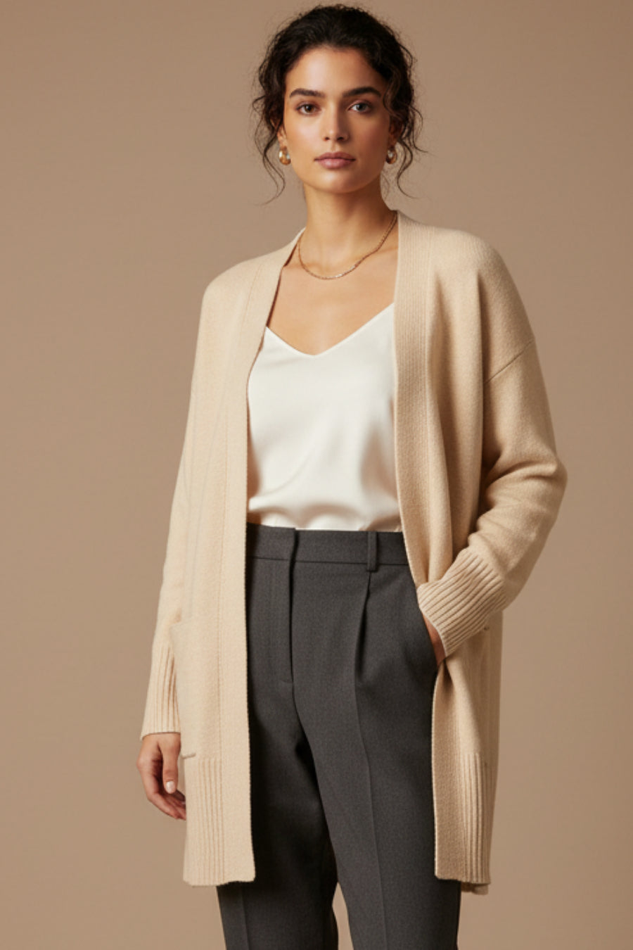 Longline Open-Front Cardigan | Oversized Knit with Patch Pockets