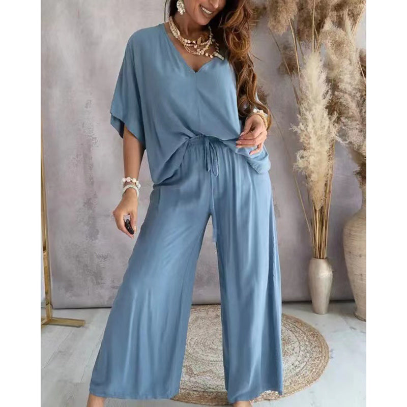 Women’s Two-Piece Lounge Set with Wide Leg Pants in Vibrant Orange - Image 7