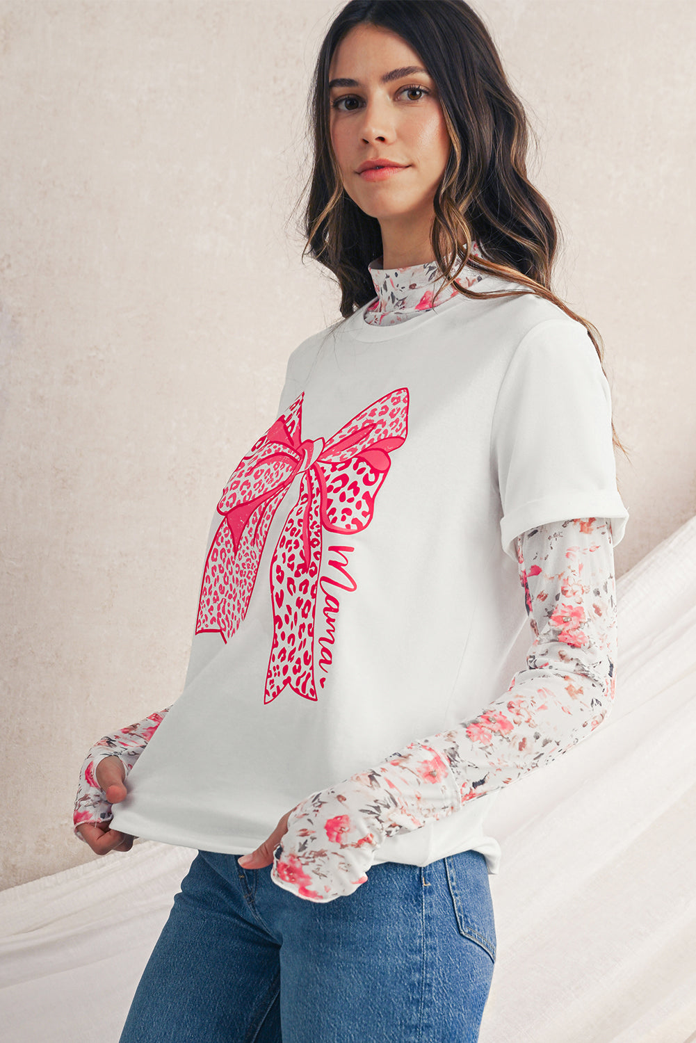 White Leopard Bowknot Graphic Crew Neck Tee | Soft Cotton Blend