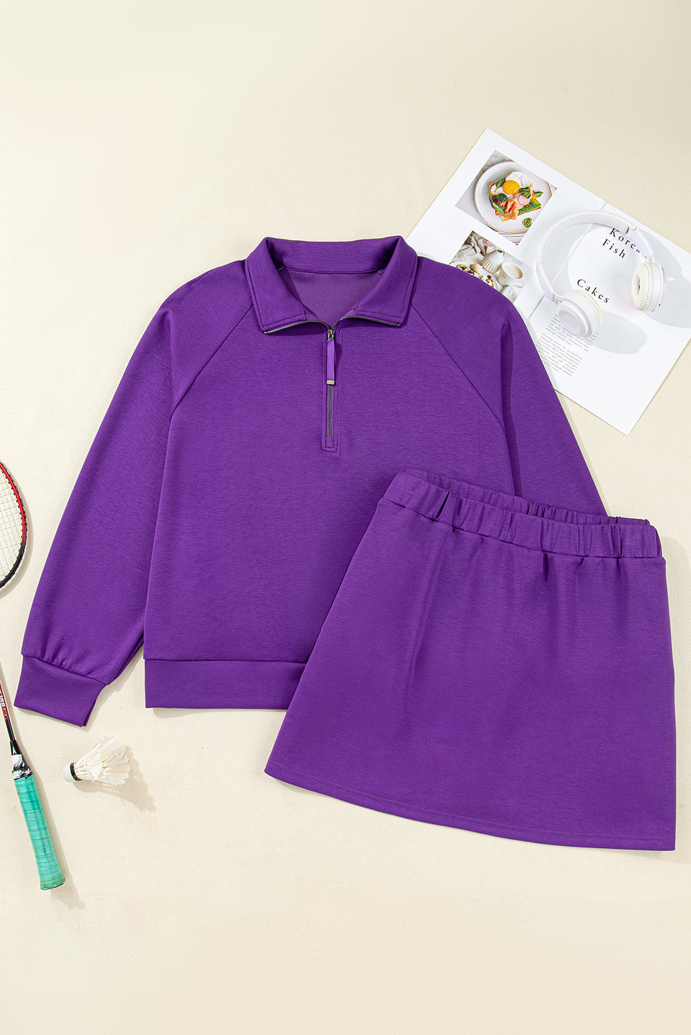 Wisteria Collar Half Zip Pullover & Mini Skirt 2pc Set