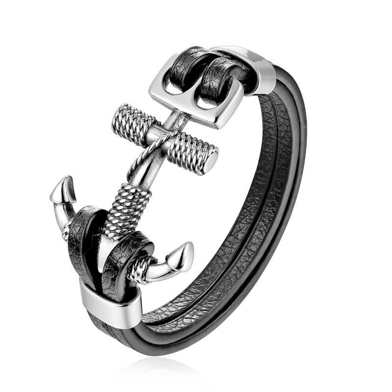 Men's multi-layer braided black and gold leather anchor and lion charm bracelet set