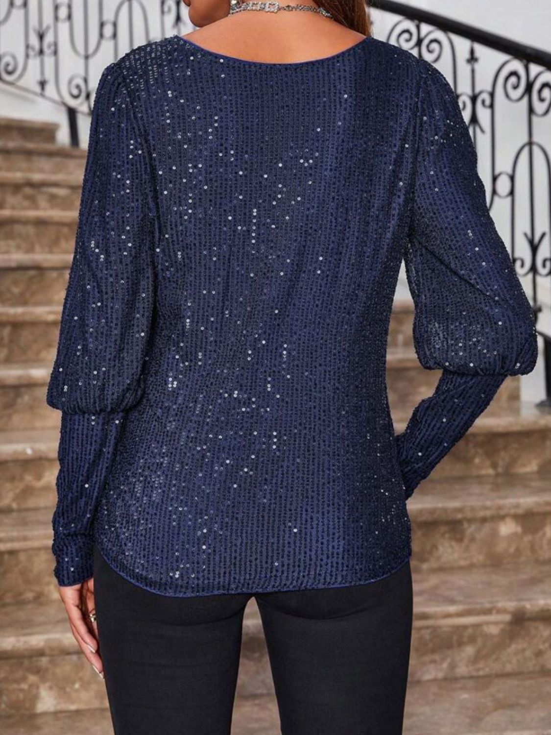 Women's Sequin Boat Neck Long Sleeve Top Elegant Party Blouse - Image 3