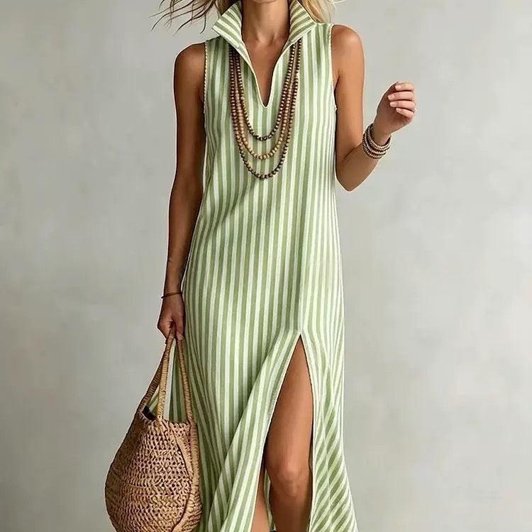 Striped Stand Collar Sleeveless Maxi Dress with Side Slit - Image 8