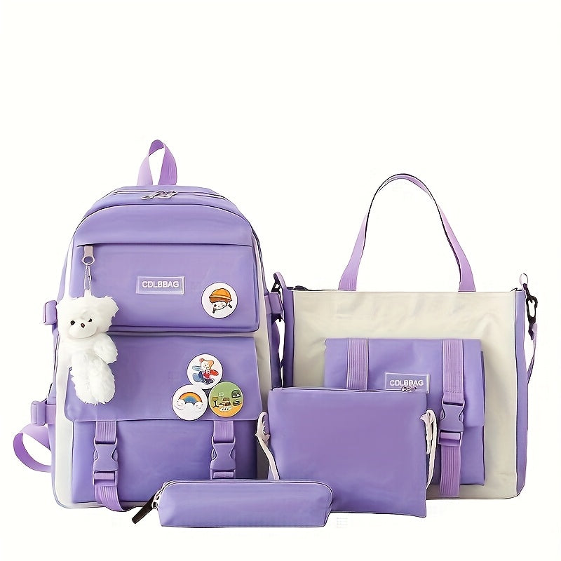 4pc Large Capacity Canvas Backpack for Teens School  Travel