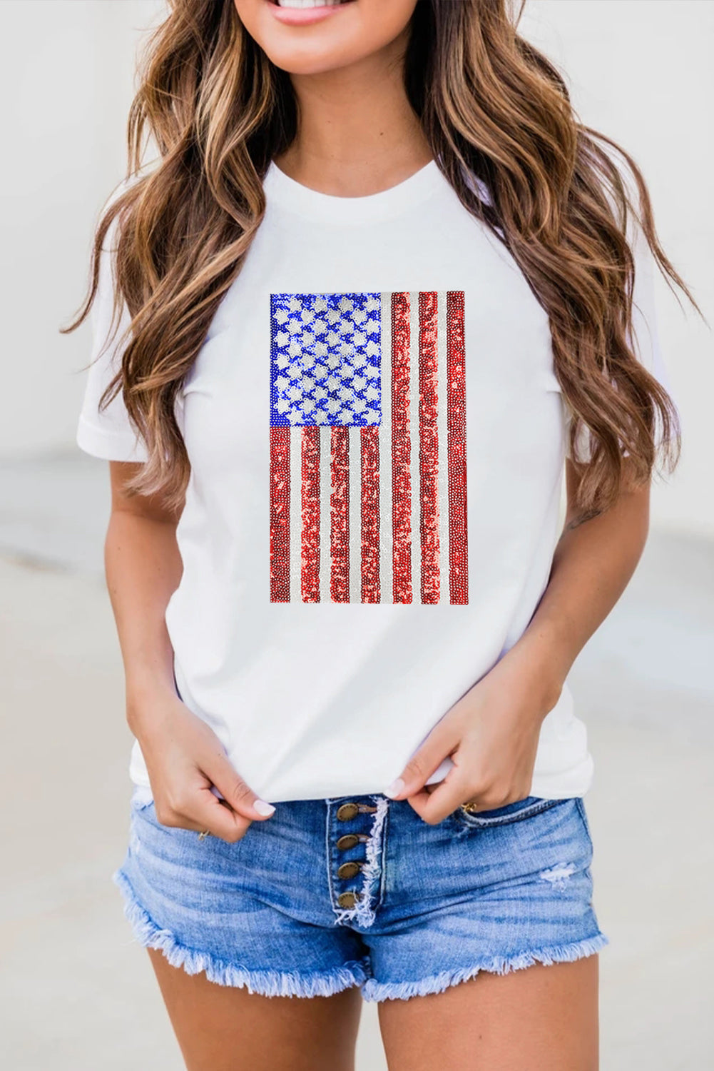 White shimmery USA flag graphic round neck t-shirt