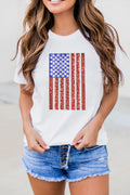 White shimmery USA flag graphic round neck t-shirt