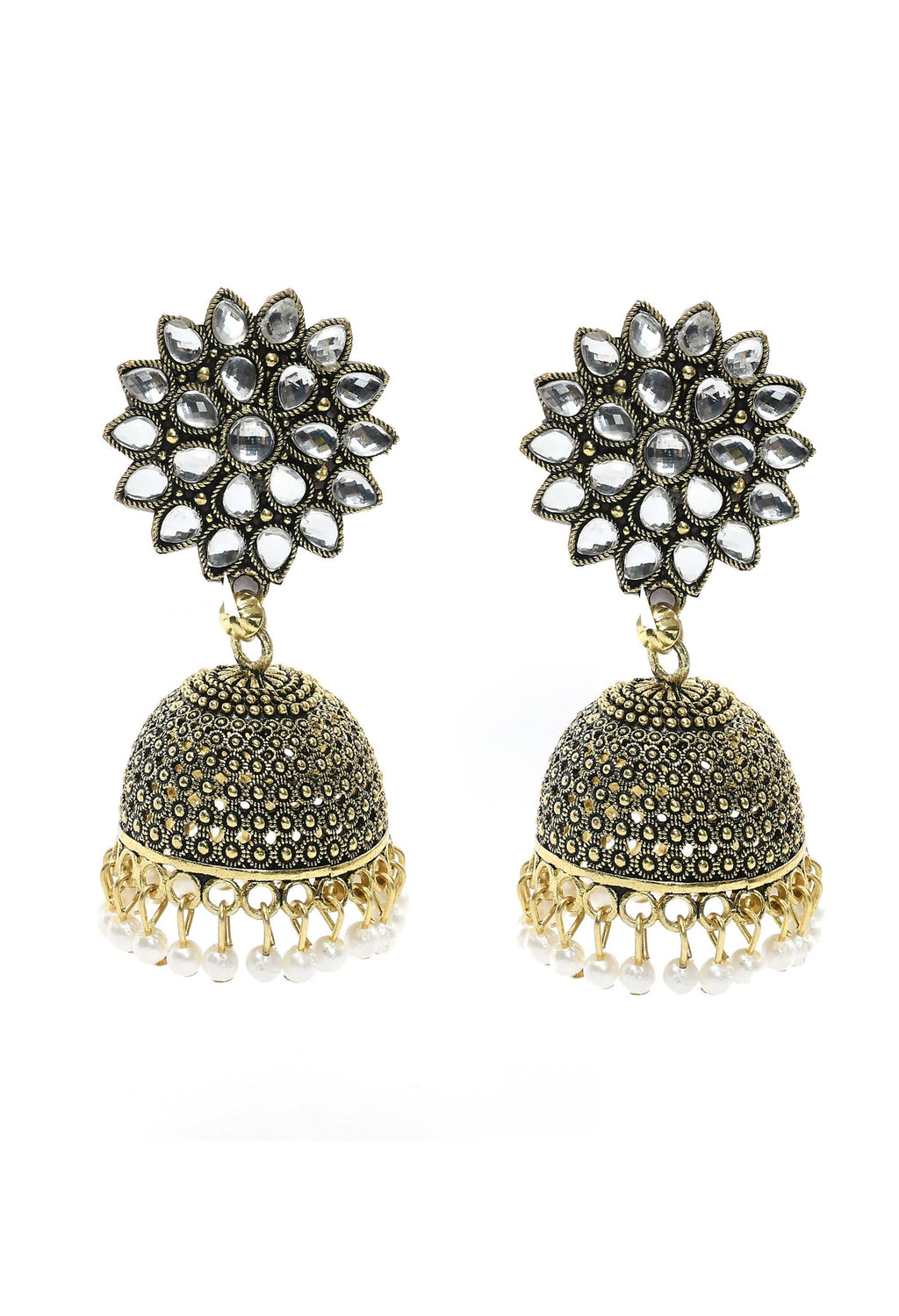 A pair of traditional Kundan Jhumka earrings adorned with elegant white beads.