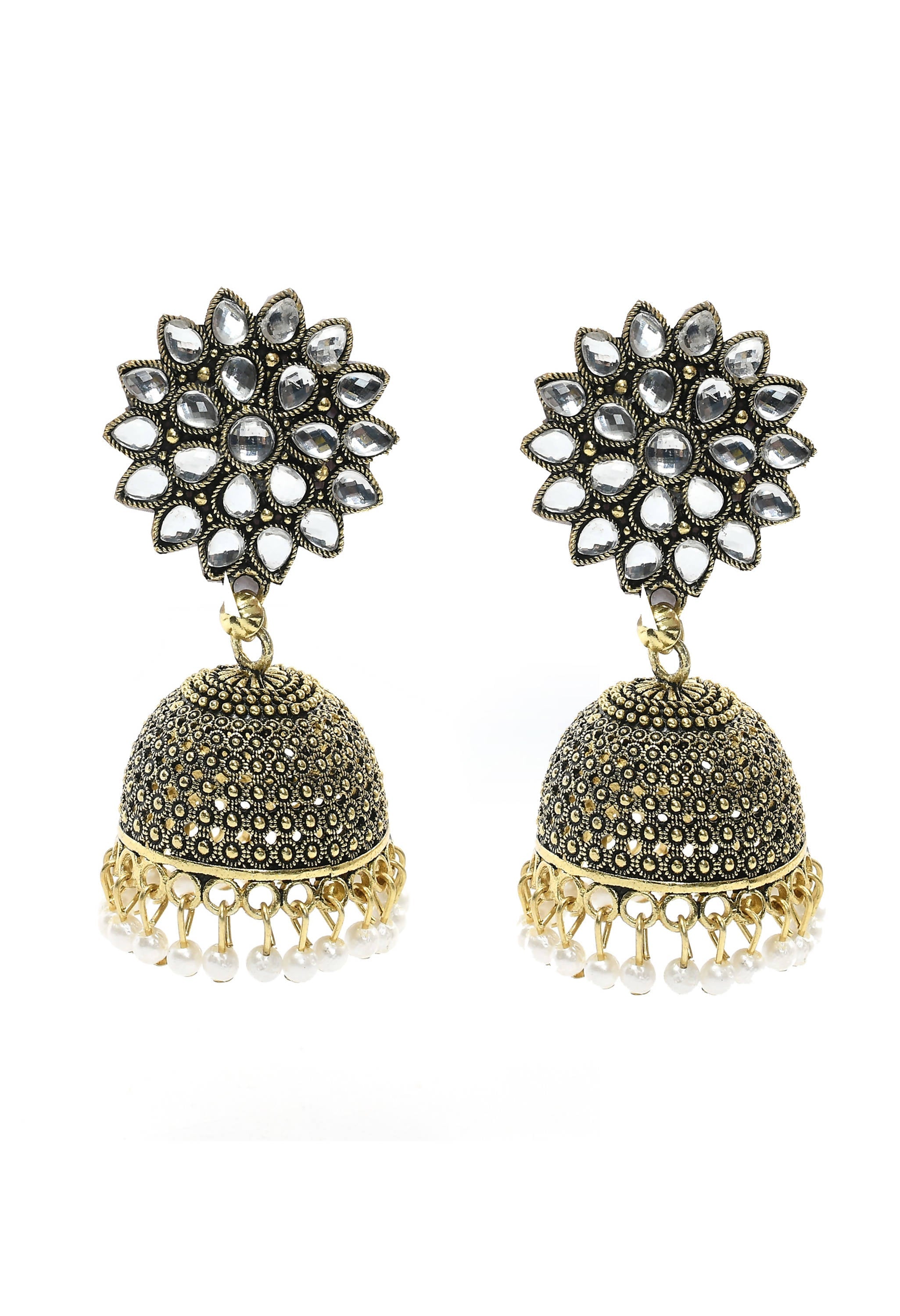 A pair of traditional Kundan Jhumka earrings adorned with elegant white beads.