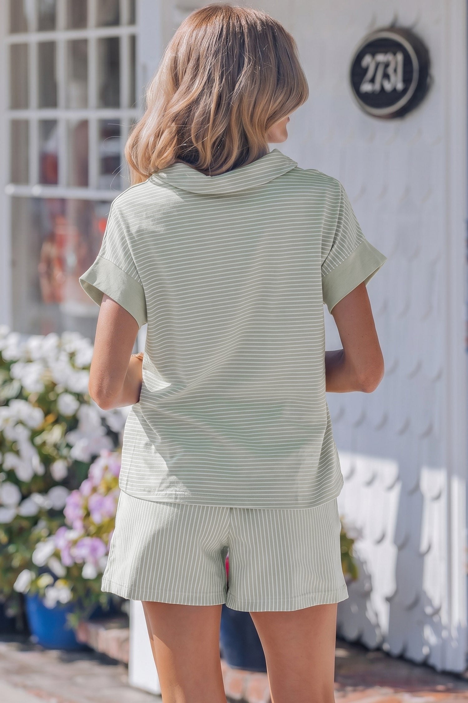Aadhya Striped Dolman Sleeve Polo Shirt and Shorts Loungewear Set