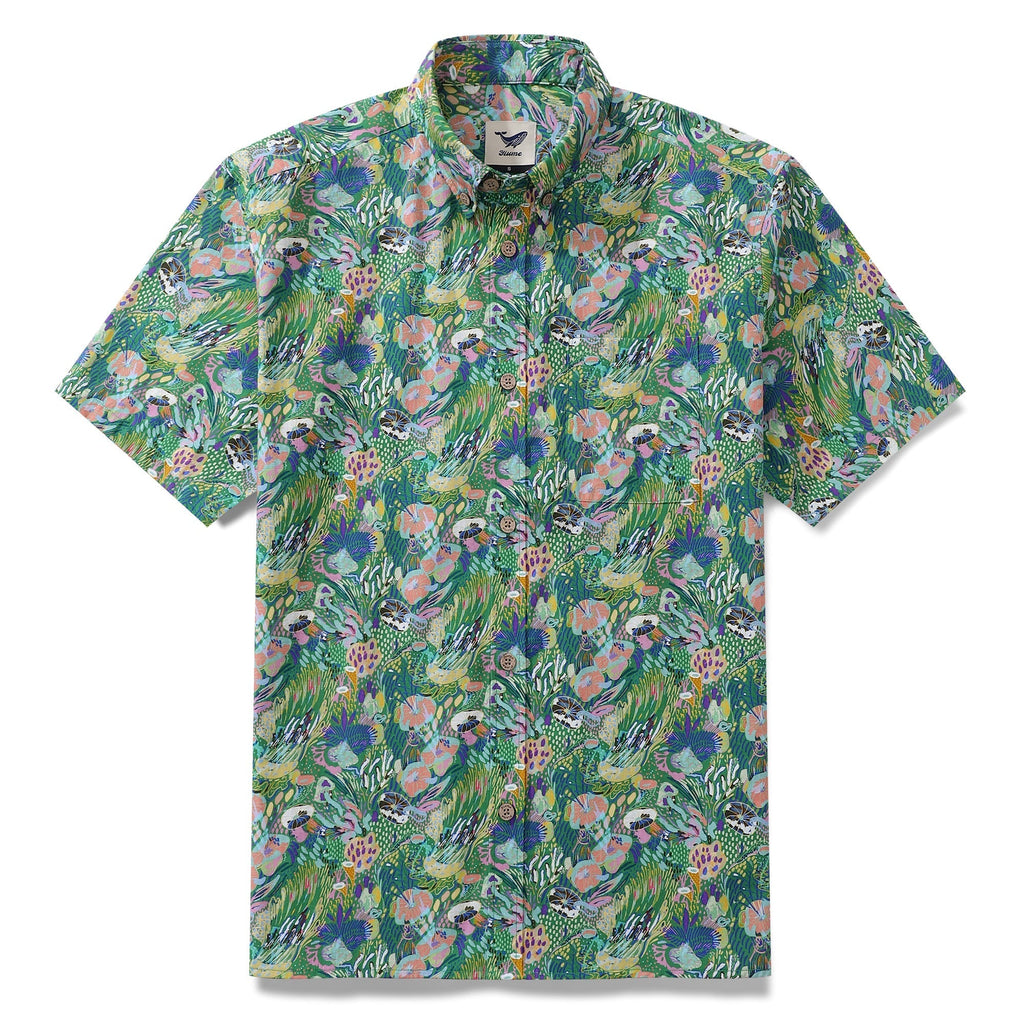 Men's green Hawaiian shirt with Songe Marin sea-inspired pattern and short sleeves.