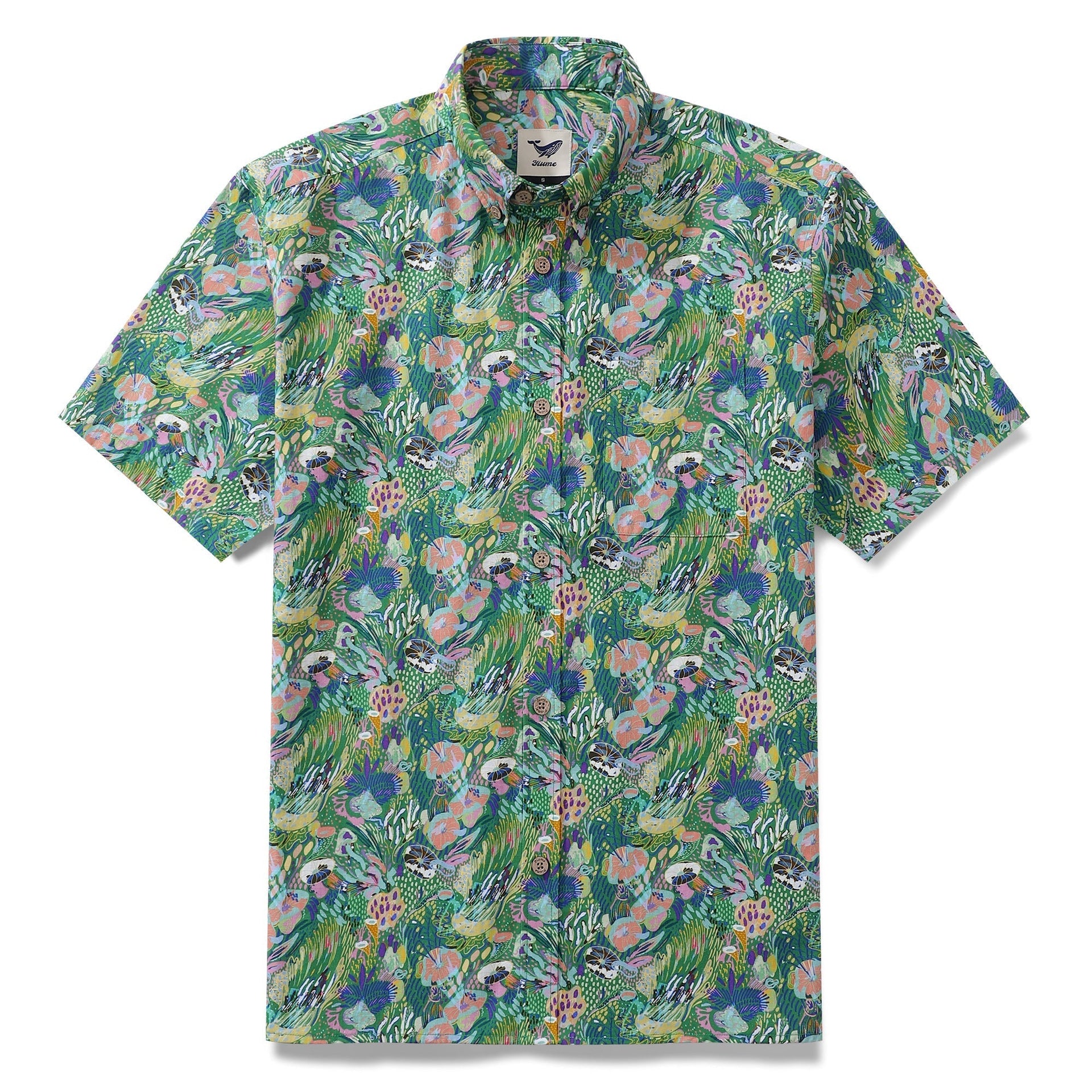 Men's green Hawaiian shirt with Songe Marin sea-inspired pattern and short sleeves.