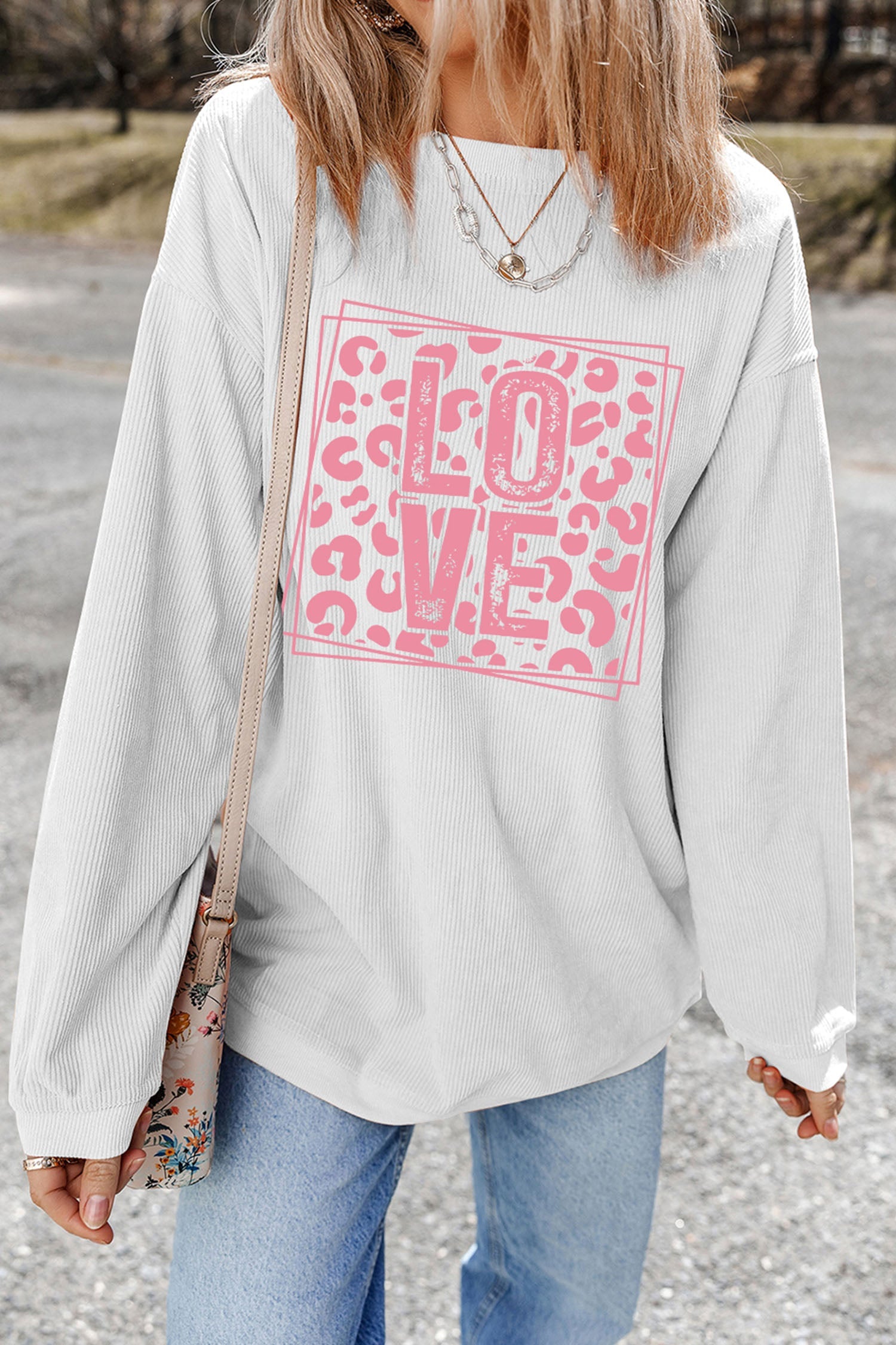 White Corded Ribbed LOVE Leopard Print Drop Shoulder Sweatshirt