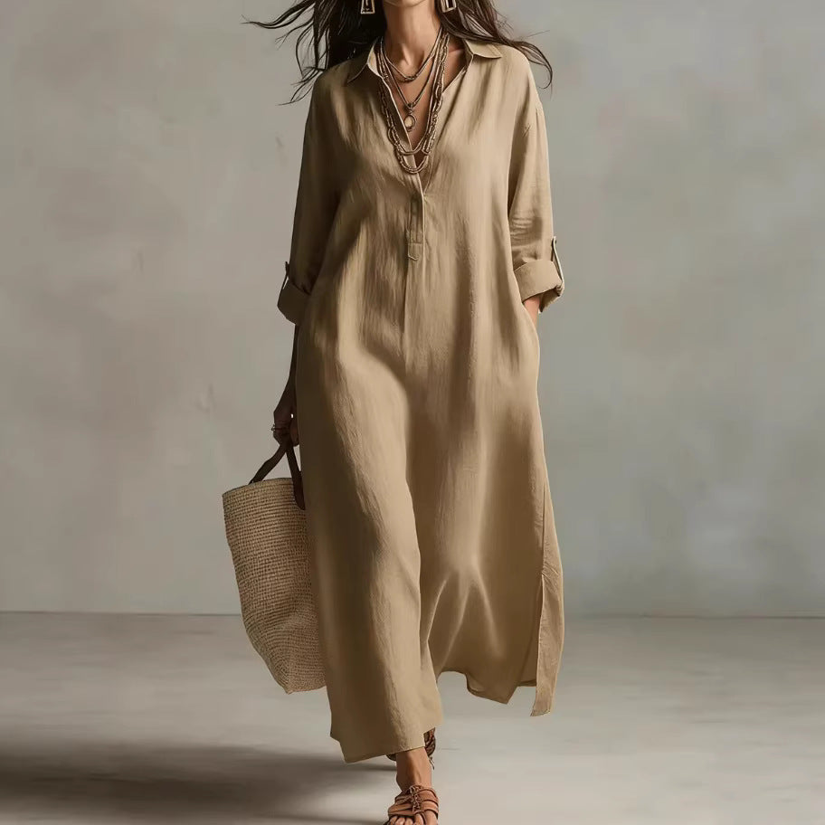 Women's Long-Sleeve Linen Blend Shirt Dress Casual Midi Dress - Image 2