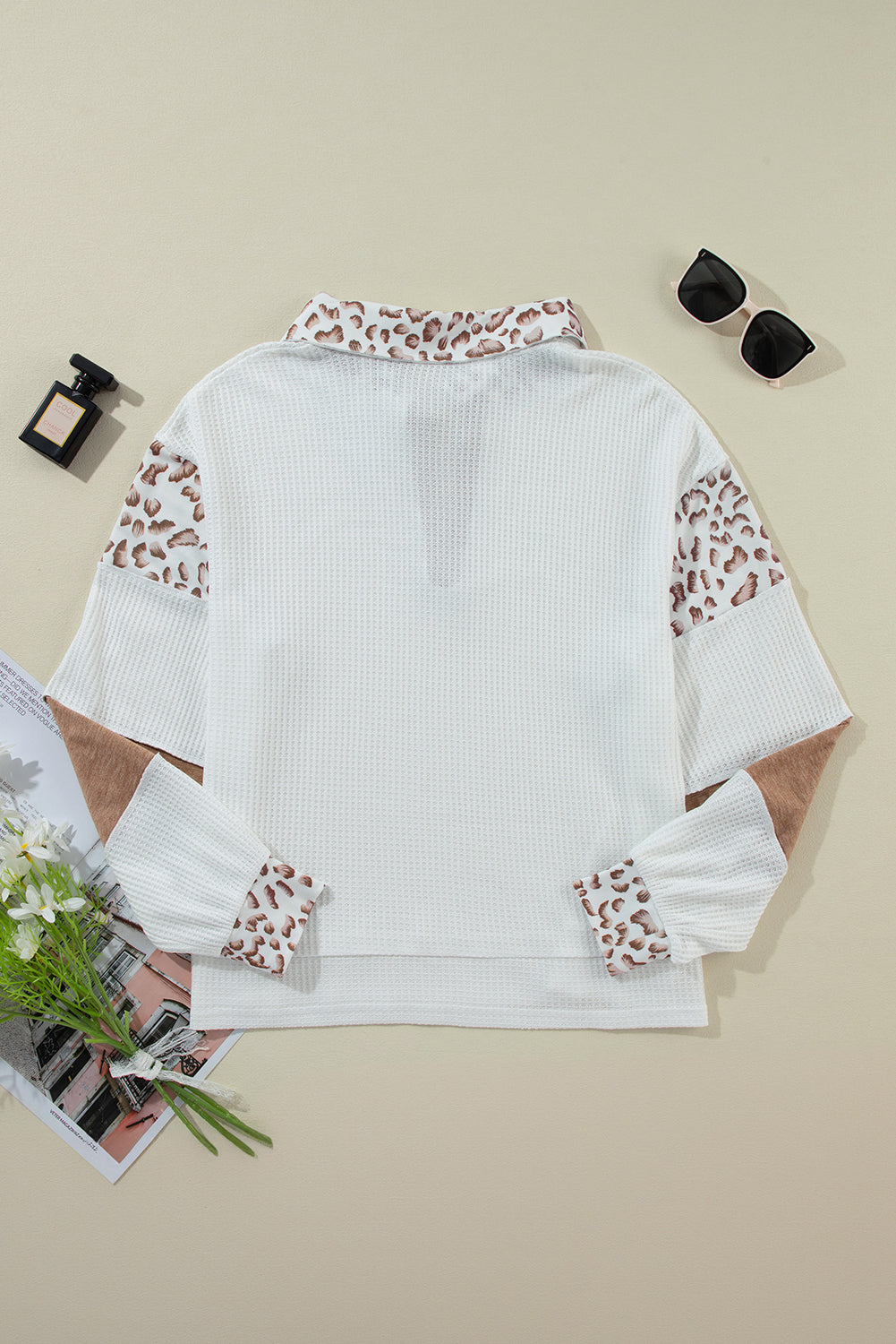 White Rugby Bow Embroidered Leopard Collar Color Block Patchwork Top