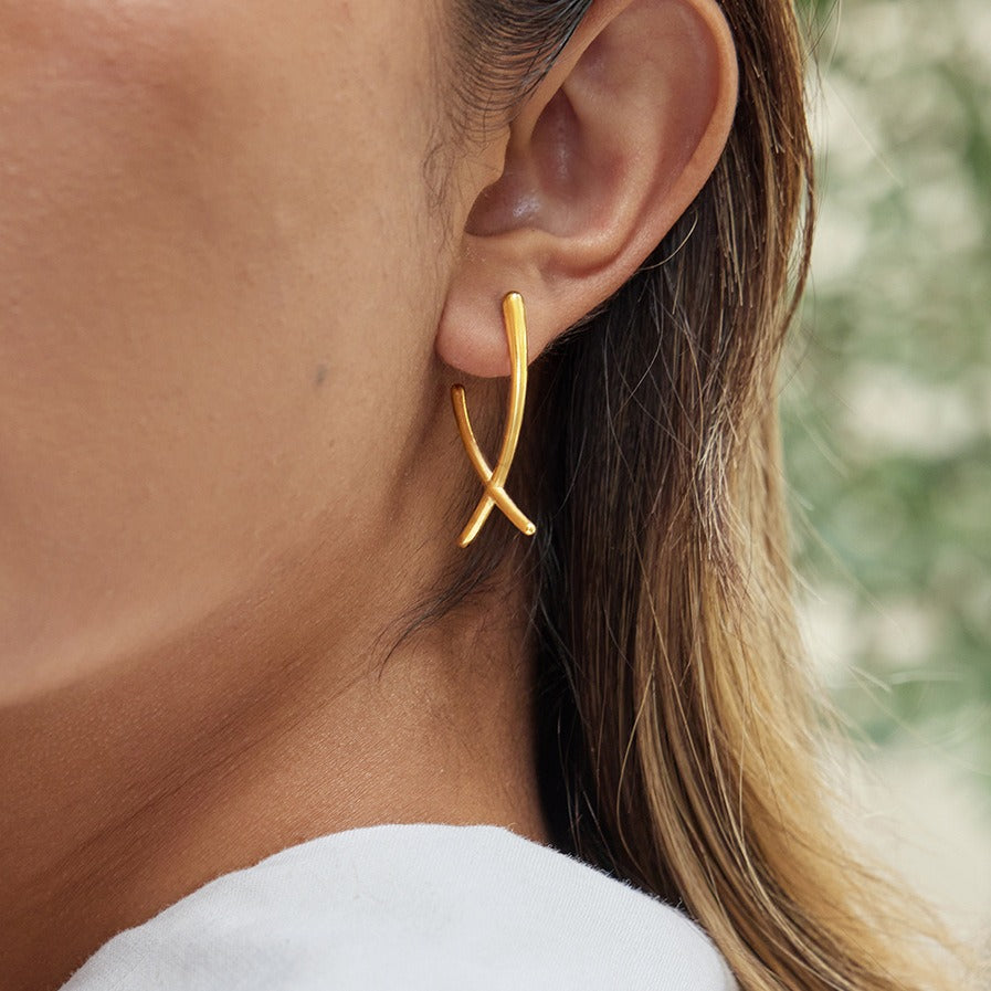 Minimalist 18K Gold Plated Cross Stud Earrings in Titanium Steel