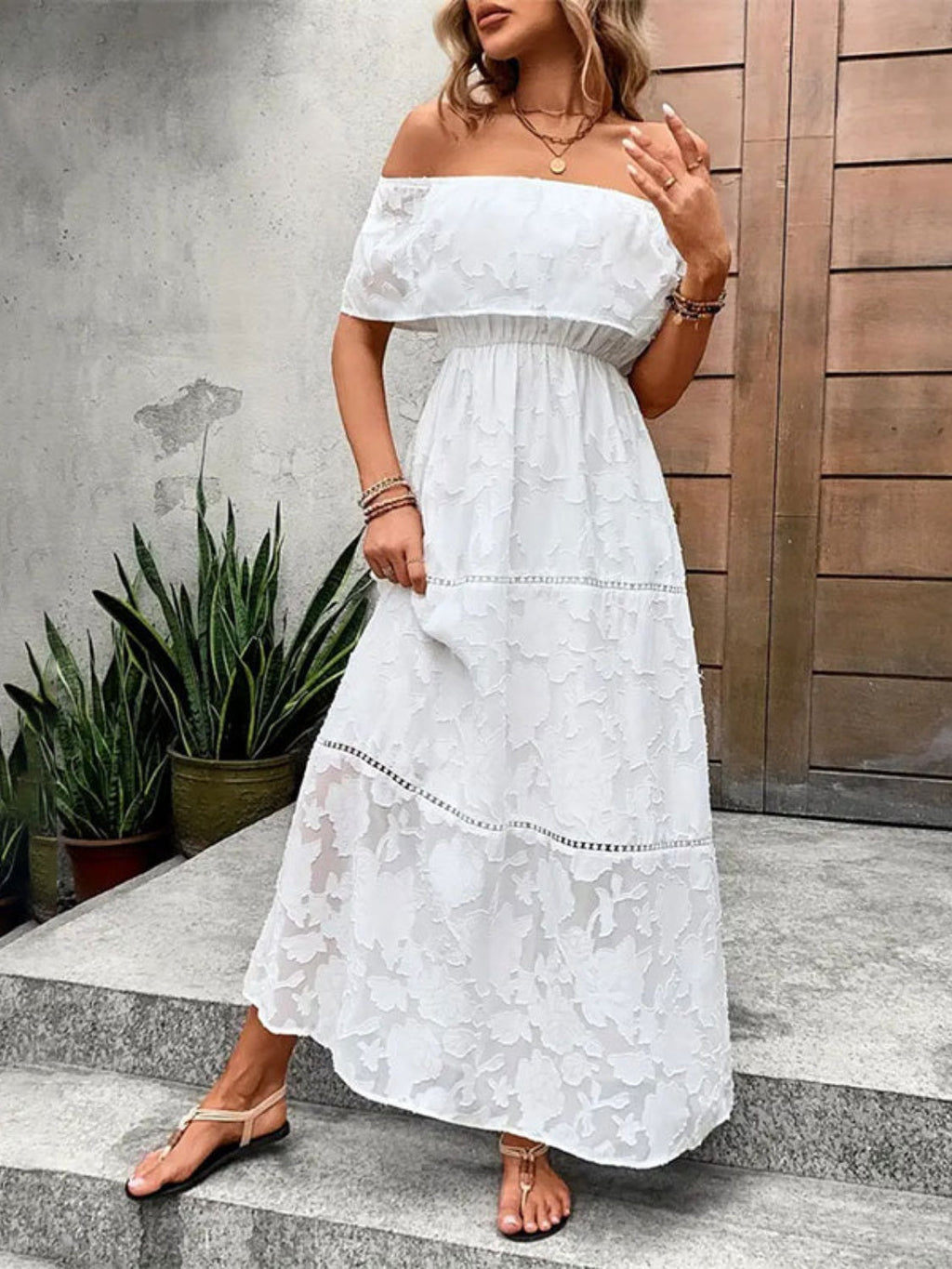 White Floral Off-Shoulder Maxi Dress Bohemian Resort Summer Gown