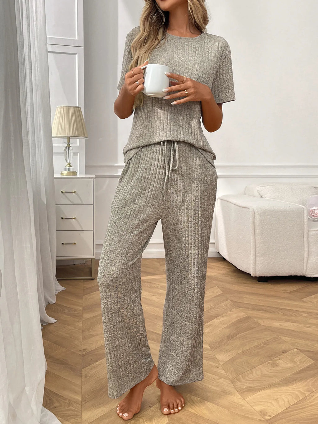 Ribbed Knit Short Sleeve Top and Pants Lounge Set