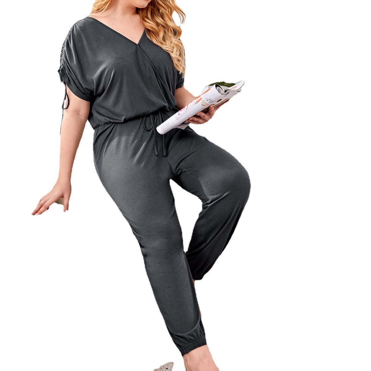 Women's Charcoal Grey Knit Short-Sleeved Minimalist Jumpsuit