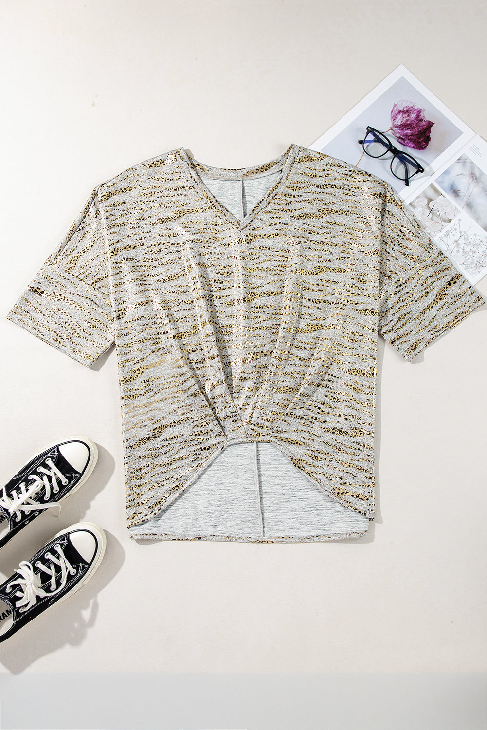 Gray Leopard Print 3/4 Sleeve V Neck Loose Fit Tee