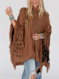 Fringe Leopard Mock Neck Batwing Sleeve Knit Top