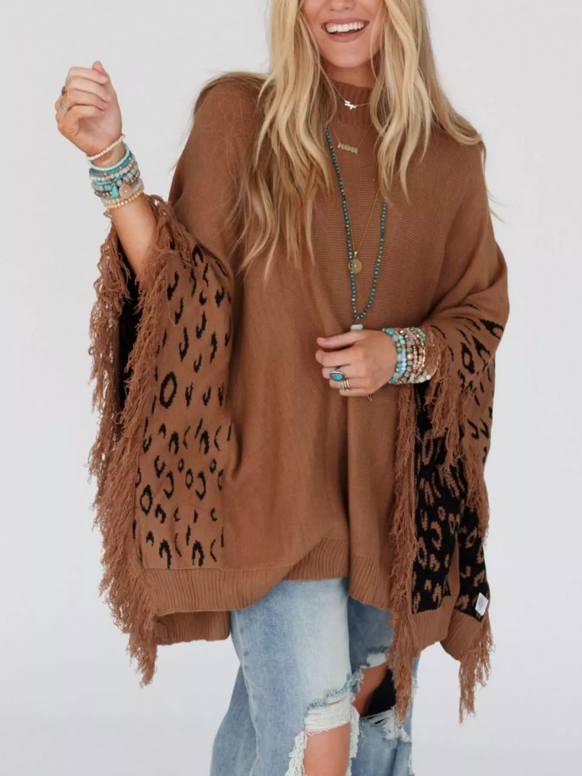 Fringe Leopard Mock Neck Batwing Sleeve Knit Top