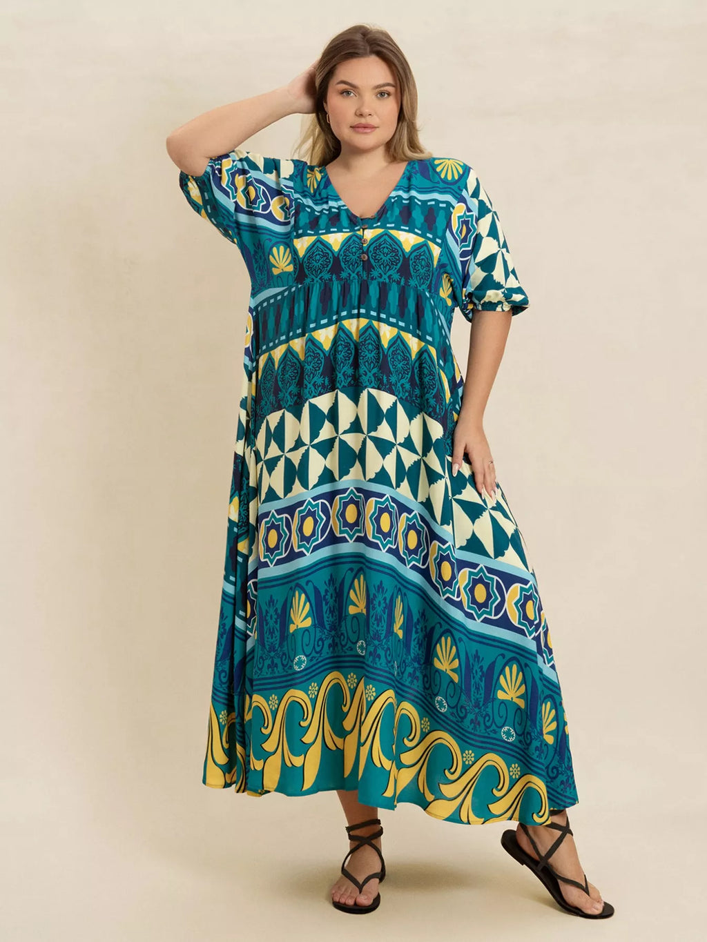 Plus Size Printed V-Neck Half Sleeve Midi Dress