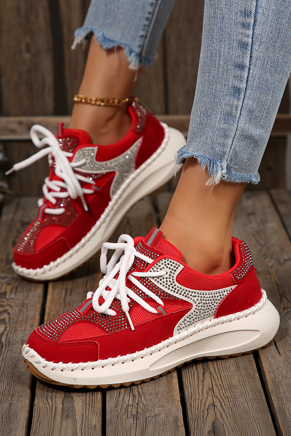 White Rhinestone Platform Sneakers Casual Lace Up Trainers