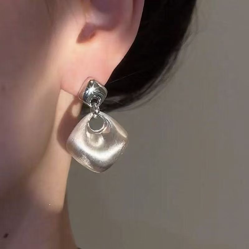 Modern Brushed Geometric Square Earrings in Minimalist Silver