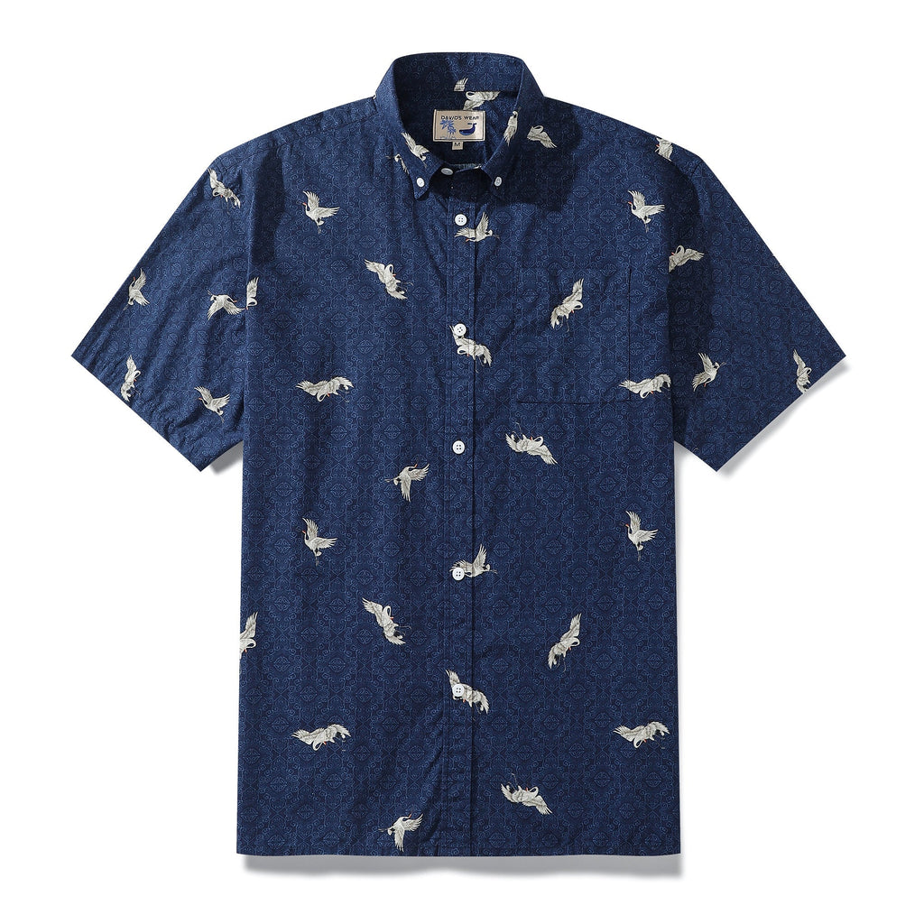 Blue men's Hawaiian shirt with vintage flying crane print