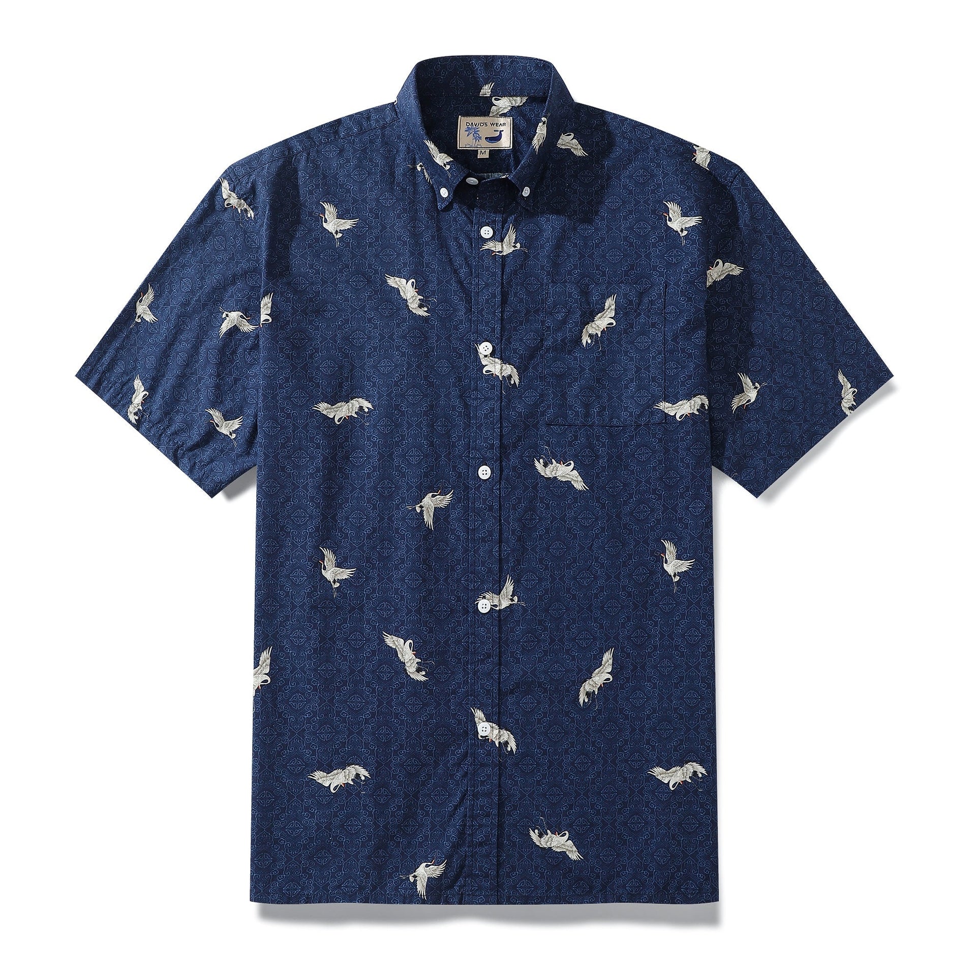 Blue men's Hawaiian shirt with vintage flying crane print