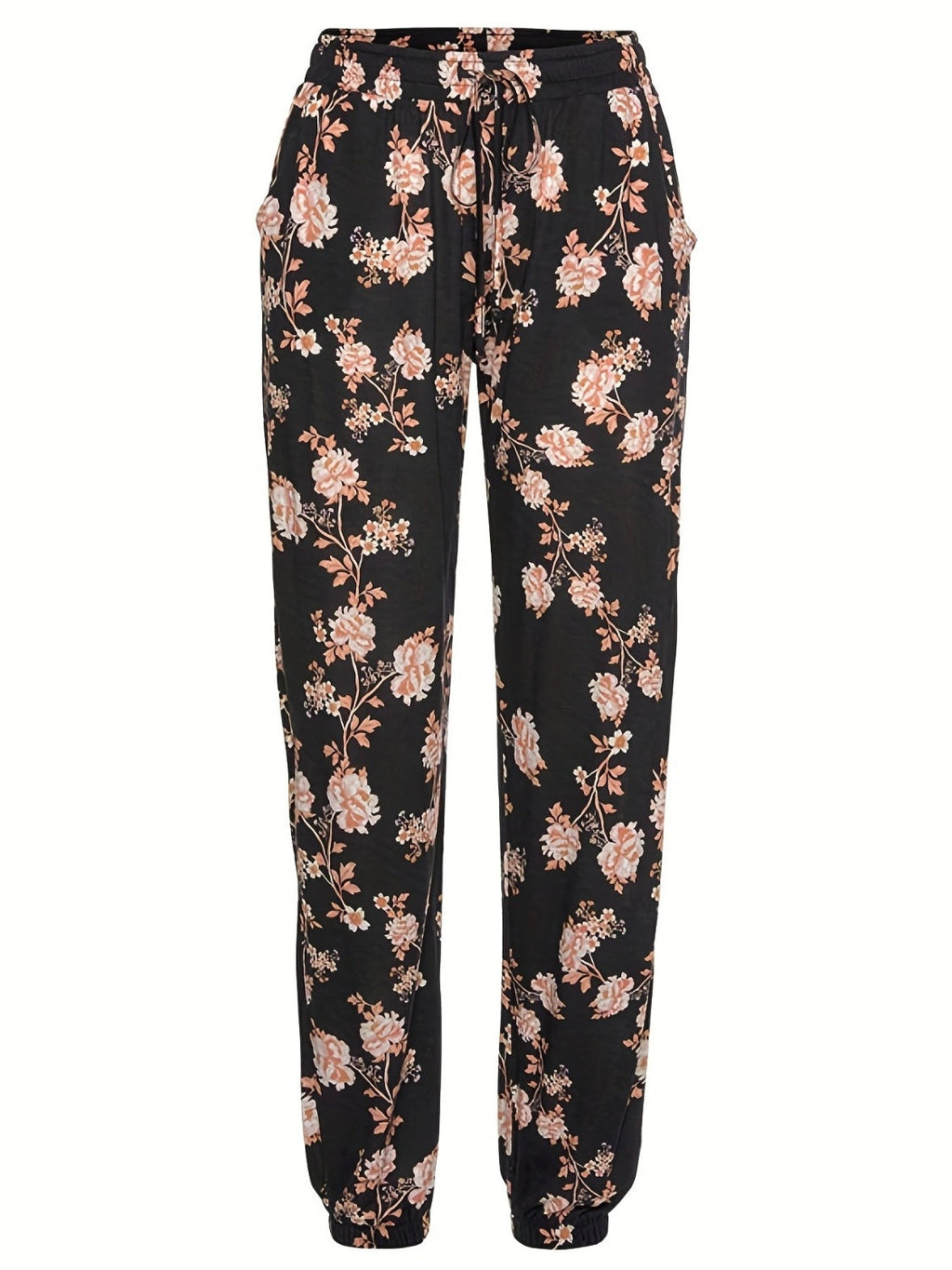Black Floral Print Drawstring Jogger Pants with Pockets - Image 3